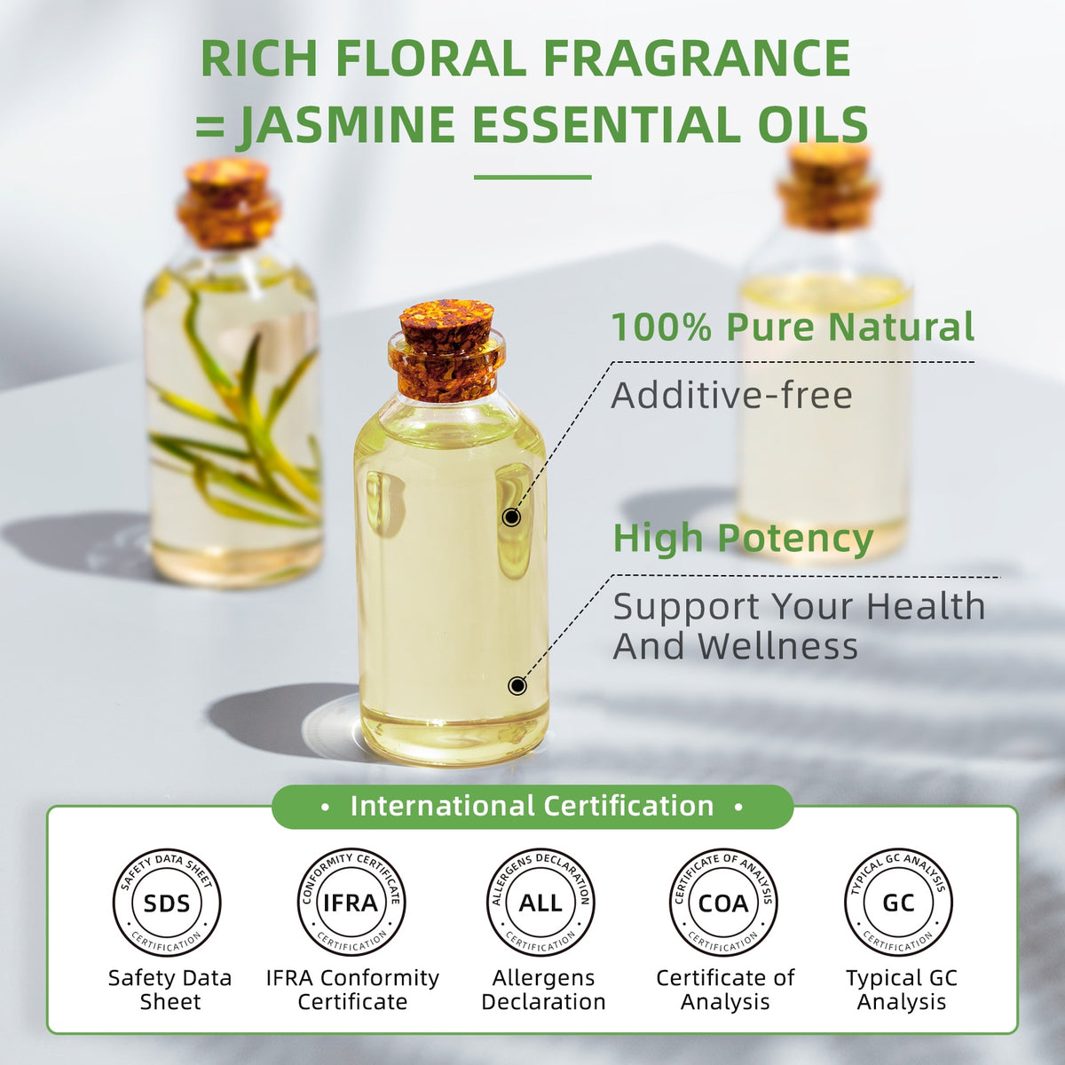 HIQILI Jasmine Ylang Ylang Orange essential oil 100ml bottle for long-lasting aromatherapy, diffuser sessions, and fragrance blending.