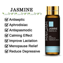 MAYJAM jasmine essential oil in a 10ml amber bottle with a blue colour-coded label.