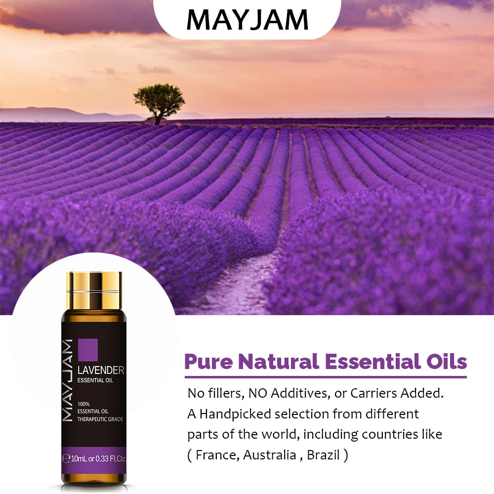 MAYJAM lavender essential oil in a 10ml amber bottle, shown against a lavender field, with sourcing noted from France, Australia and Brazil.