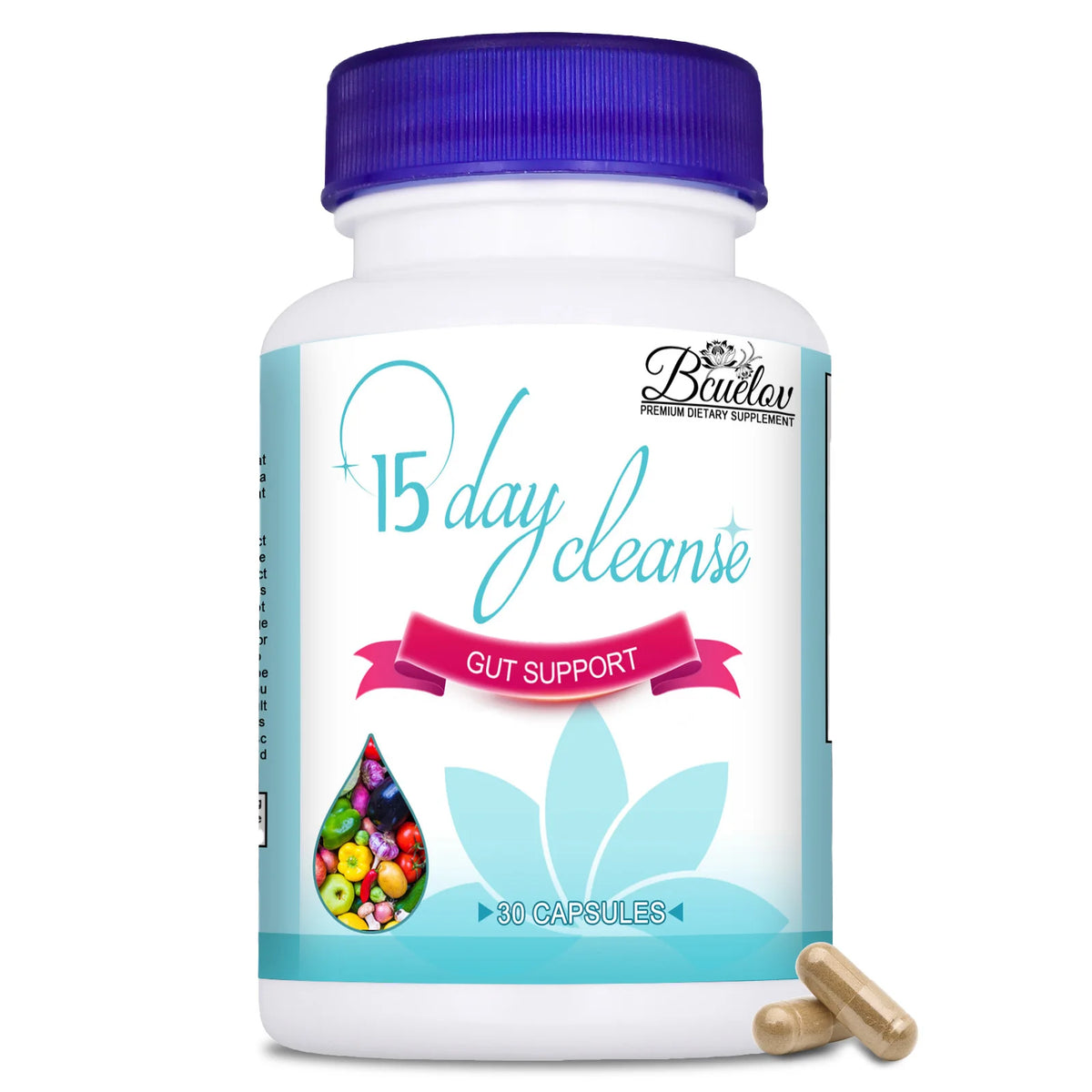 15-Day colon cleanse capsules bottle for bowel cleansing, digestive comfort, and refresh support use.
