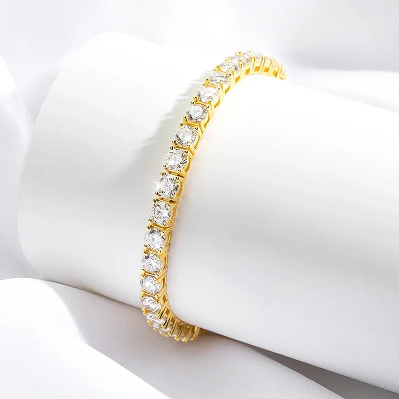18k Gold Moissanite tennis style bracelet for formal events, stacking with jewelry, and polished everyday outfits.