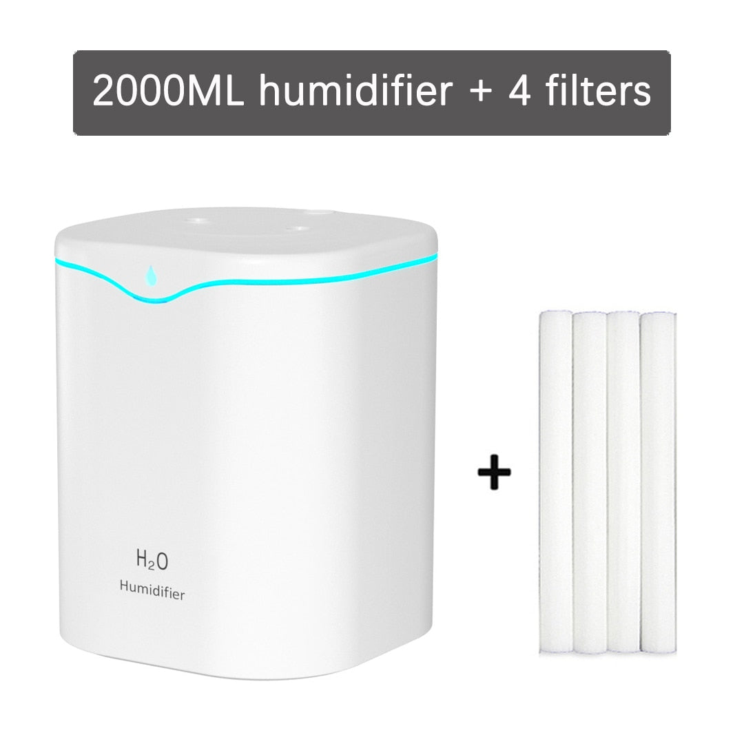 2000ML double mist humidifier for office and home use to relieve dry air and improve comfort during work, rest, and sleep.