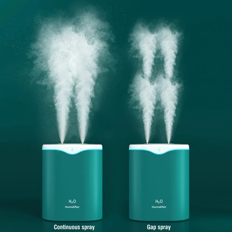 2000ML double nozzle USB humidifier for home use to moisturize dry air in bedrooms, nurseries, and small living areas.