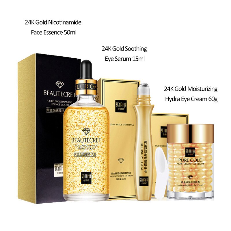 24K Gold Niacinamide Anti-Wrinkle Serum Set before and after showing reduced wrinkles and lifted skin.