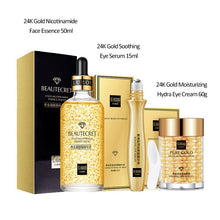24K Gold Niacinamide Anti-Wrinkle Serum Set before and after showing reduced wrinkles and lifted skin.