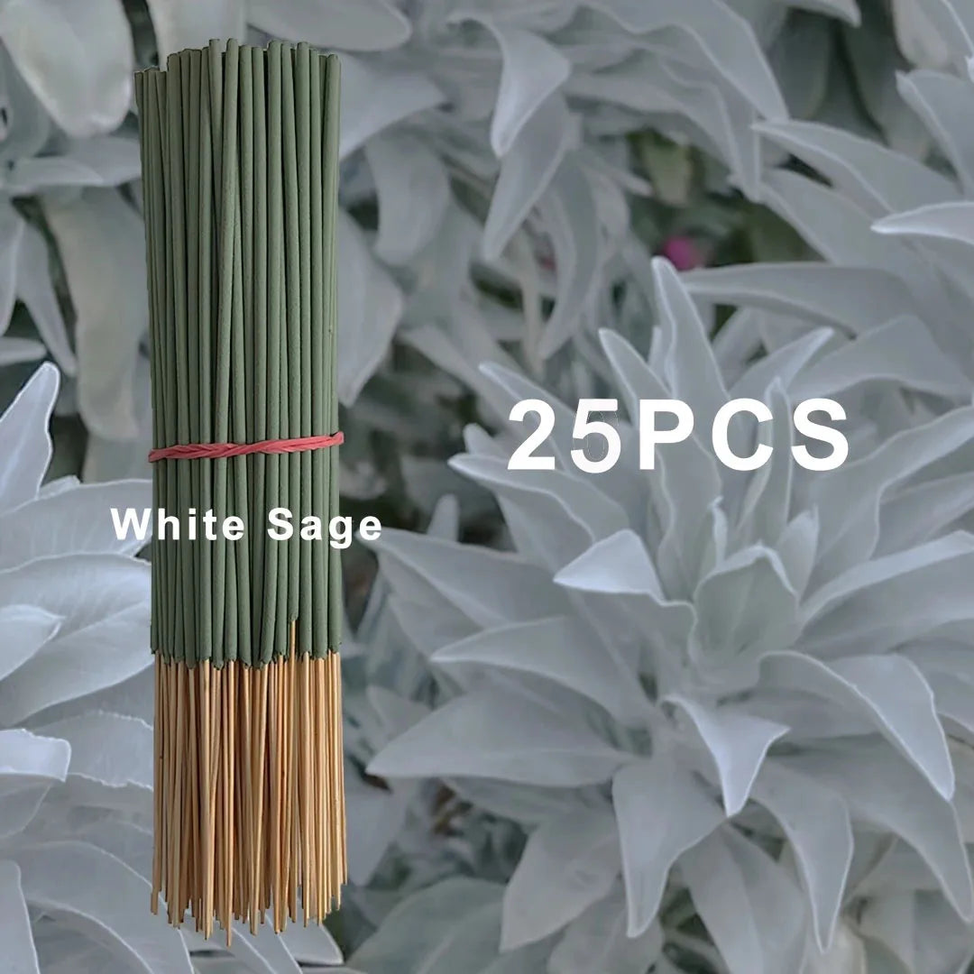 Bundled white sage sticks with '25 PCS' text against a white plant background