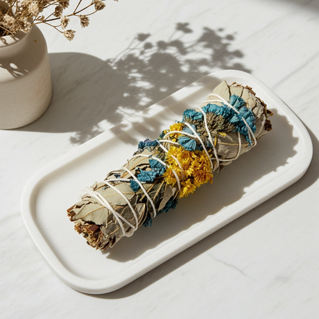 3-4 inch Yerba Santa and Blue Satice smudge stick with Mullien for spiritual cleansing, altar work, and ritual burning.