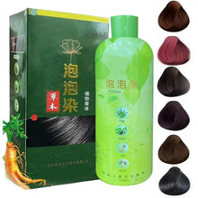 3-in-1 Herbal Hair Dye Shampoo 500ml packaging and color samples on white background.