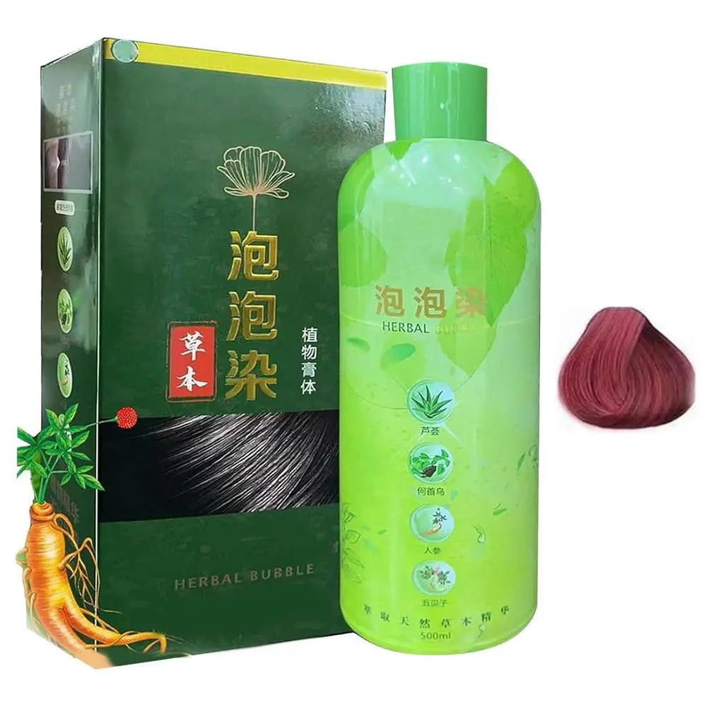 3-in-1 Herbal Hair Dye Shampoo 500ml green bottle with packaging and dyed hair sample.