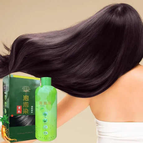 3-in-1 Herbal Hair Dye Shampoo 500ml green bottle packaging against beige background.