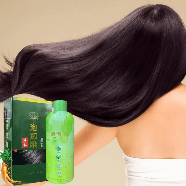 3-in-1 Herbal Hair Dye Shampoo 500ml green bottle packaging against beige background.