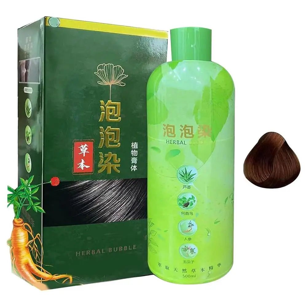 3-in-1 Herbal Hair Dye Shampoo 500ml product display with green bottle and packaging on white background.