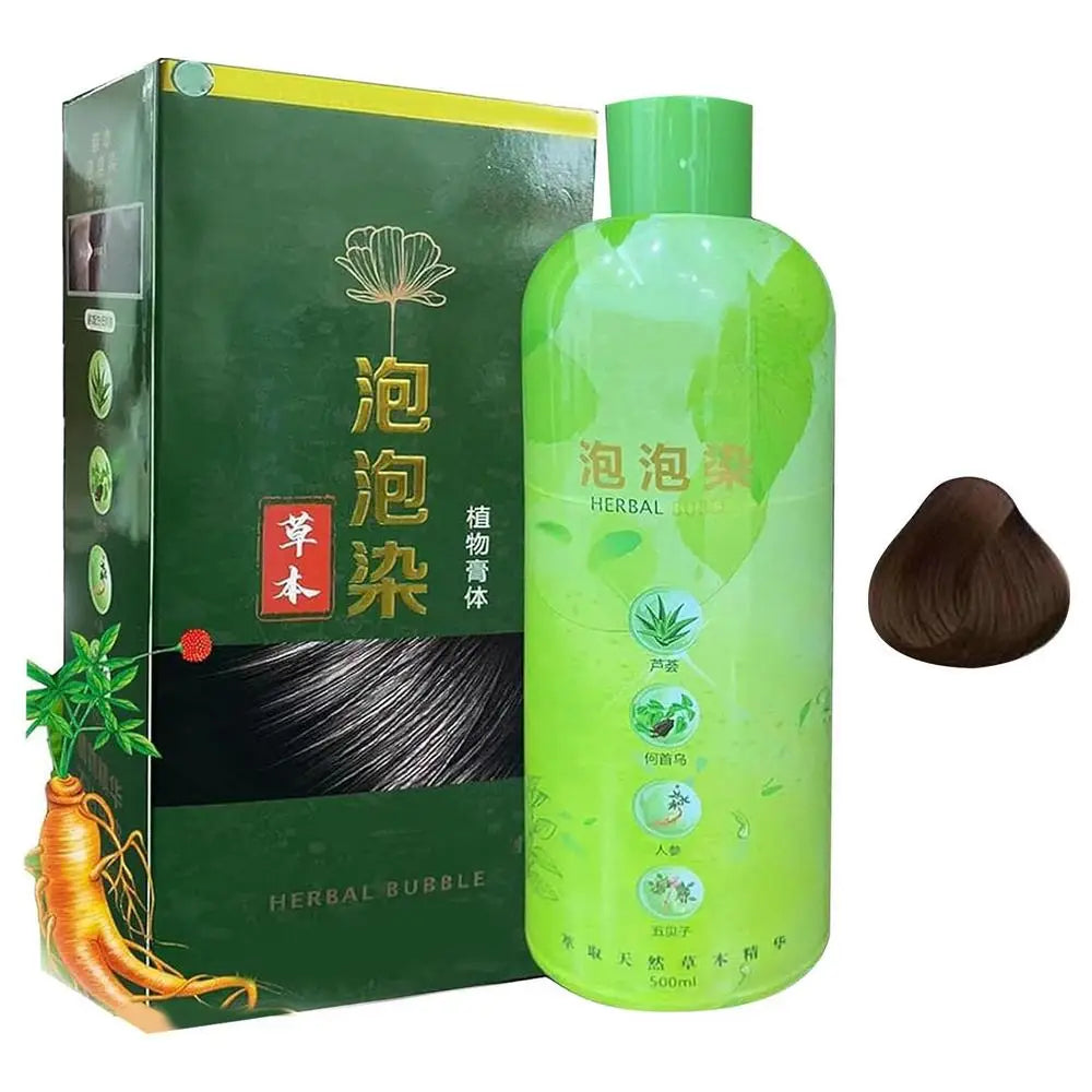 3-in-1 Herbal Hair Dye Shampoo 500ml complete set with bottle and packaging on white background.