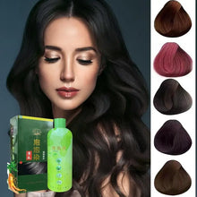 3-in-1 Herbal Hair Dye Shampoo 500ml with woman with long dark hair and color sample chart.
