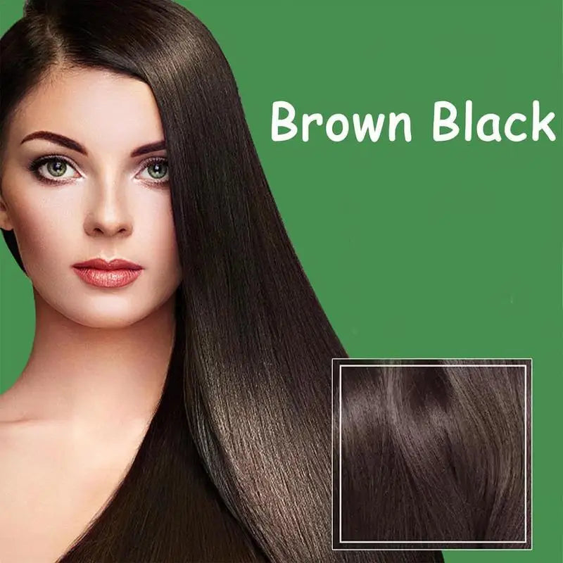 3-in-1 Herbal Hair Dye Shampoo in brown black shade — woman with long brown black hair on green background.