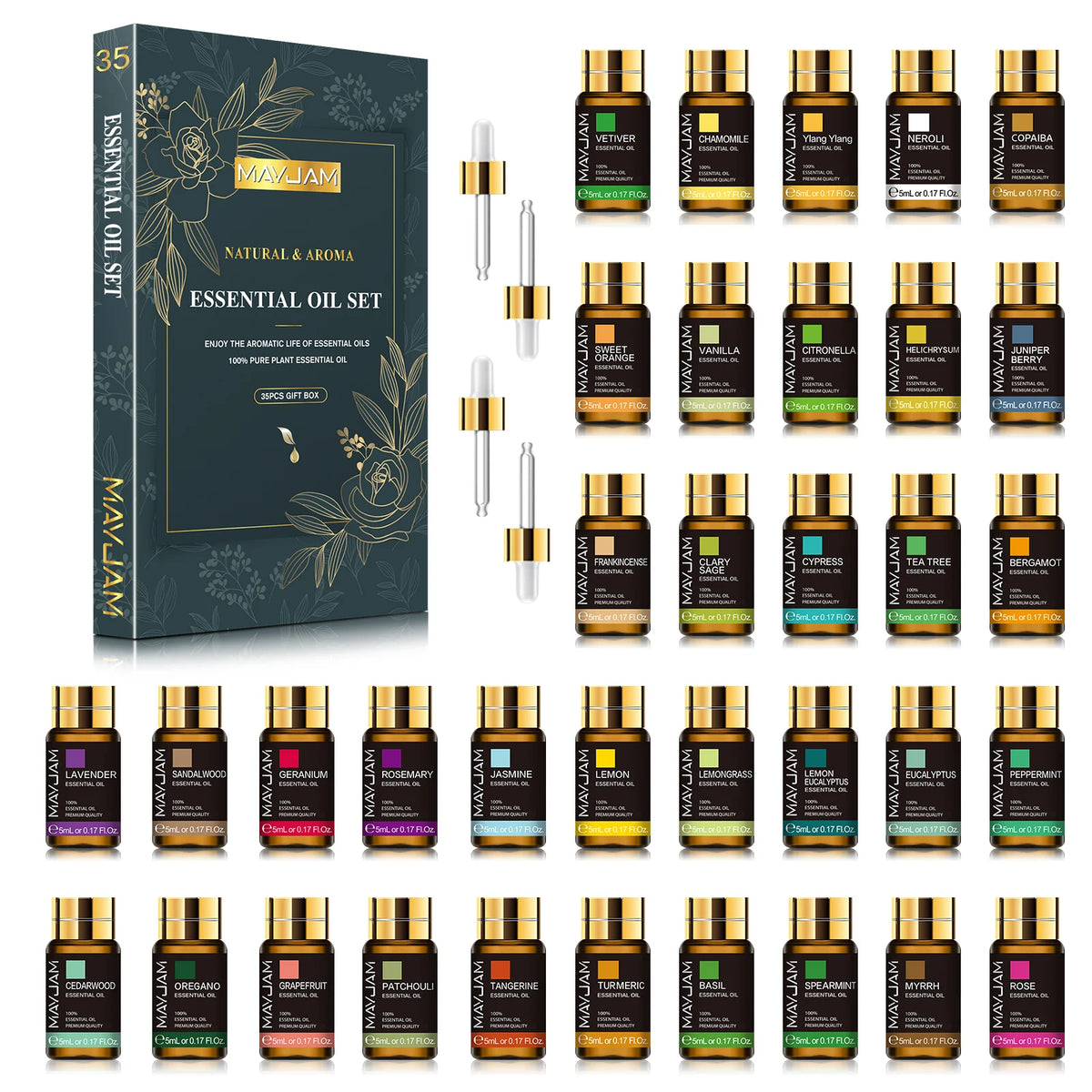 MAYJAM 35-piece pure essential oils set in bottle form for diffuser use, relaxation, and DIY beauty recipes.