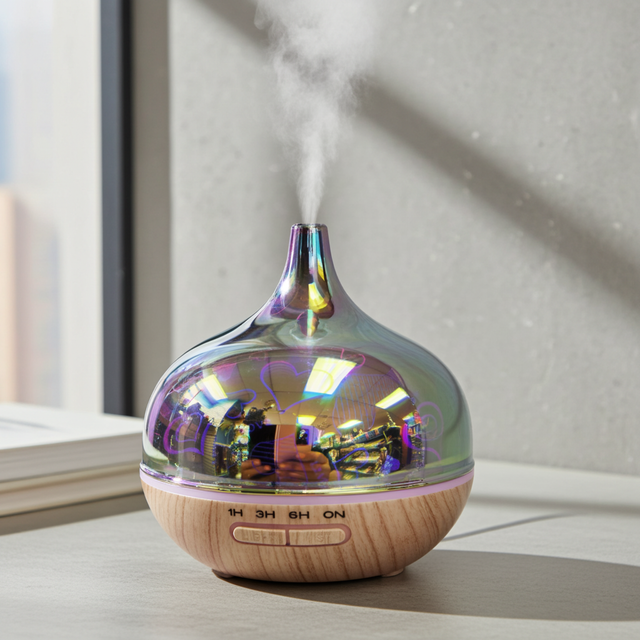 Iridescent diffuser emitting mist on a light surface with a window in the background