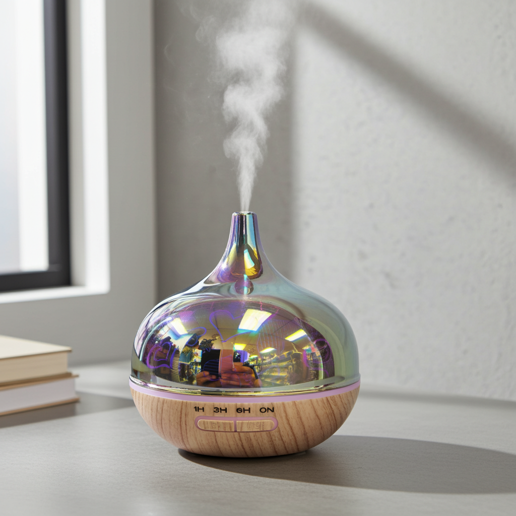 Iridescent diffuser emitting steam on a light surface with a window in the background