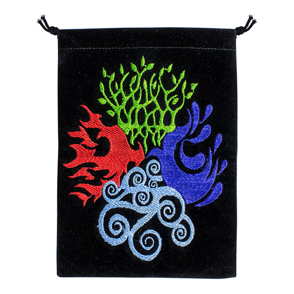 4 Elements Black Velvet Embroidered Bag for tarot deck storage, crystal and rune keeping, and altar tool protection.
