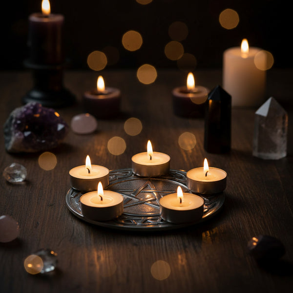 5 Point Pentagram T-Light Holder in silver for altar centrepieces, ritual candle work, and meditation spaces.