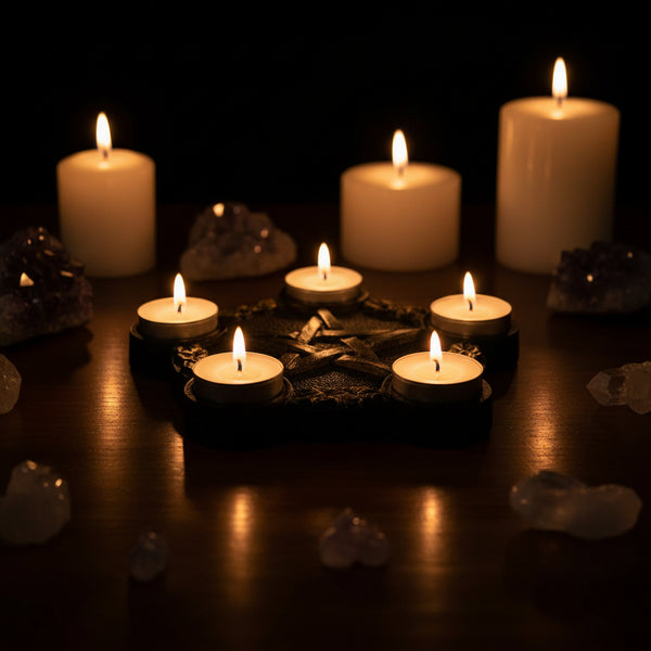5 Point Pentagram Tea Light Holder in black and gold for altar centrepieces, ritual candle work, and sabbat displays.
