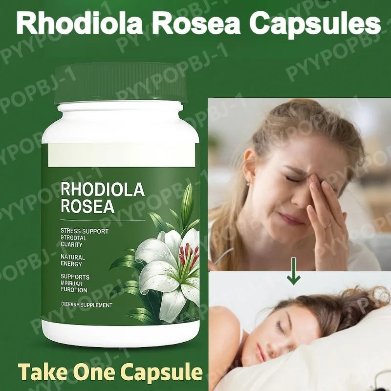 500mg Rhodiola Rosea capsules bottle natural plant supplement for everyday stress support and energy balance.