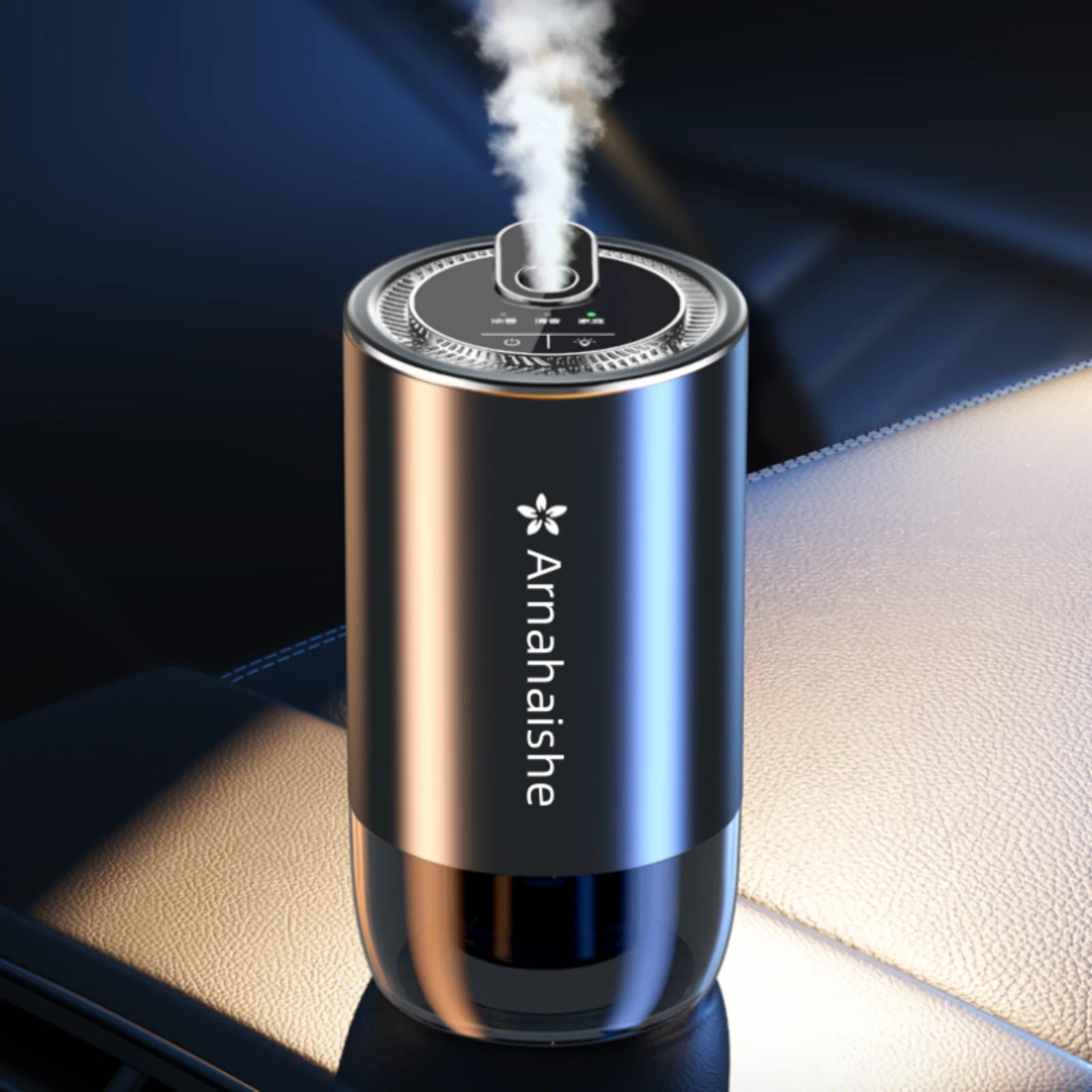 Car fragrance diffuser bottle with star projector light for maintaining a pleasant scent, diffusing essential oils, and enhancing dashboard ambiance.