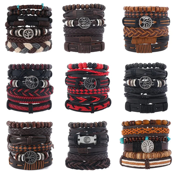 6-Piece Handmade Leather Bead Bracelet Set with braided leather and bead bracelets for everyday wear, stacking, and casual fashion styling.