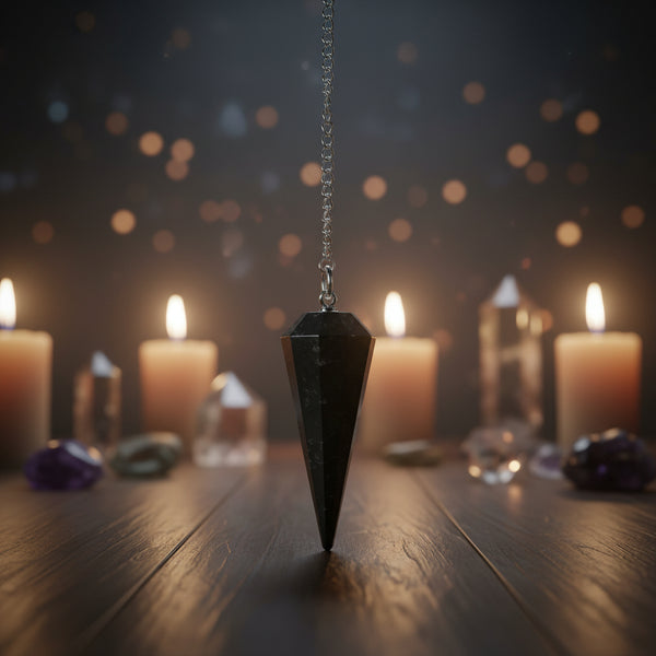 6 Sided Black Tourmaline Pendulum for dowsing and divination, grounding practice, and protection work.