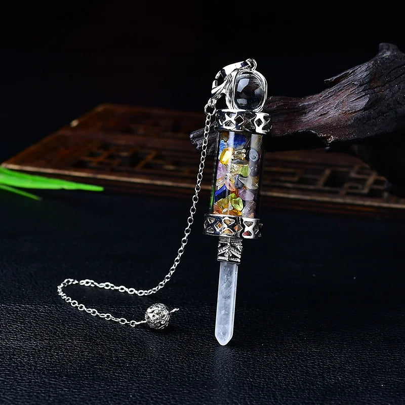 7 Chakra Crystal Pendulum with Wishing Bottle for dowsing, divination, and energy work.