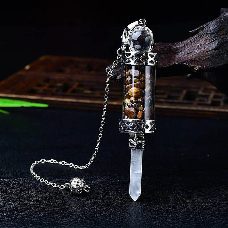 7 Chakra Crystal Pendulum with Wishing Bottle for dowsing, divination, and energy work.