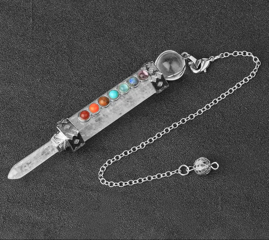 7 Chakra Crystal Quartz Dowsing Pendulum for dowsing, divination, and energy work.