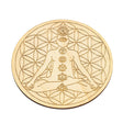 7 Chakra Flower of Life wood coaster for holding cups, protecting surfaces, and spiritual home decor use.