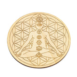 7 Chakra Flower of Life wood coaster for holding cups, protecting surfaces, and spiritual home decor use.