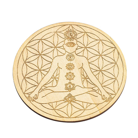 7 Chakra Flower of Life wood coaster for holding cups, protecting surfaces, and spiritual home decor use.