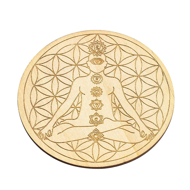 7 Chakra Flower of Life wood coaster for holding cups, protecting surfaces, and spiritual home decor use.