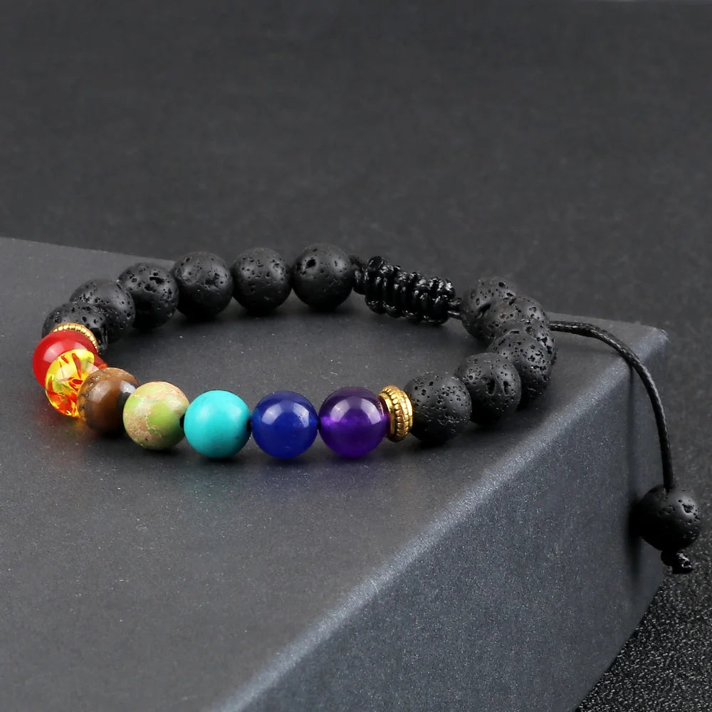 7 Chakra lava rock healing bracelet for yoga practice, chakra work, and calming daily wear.