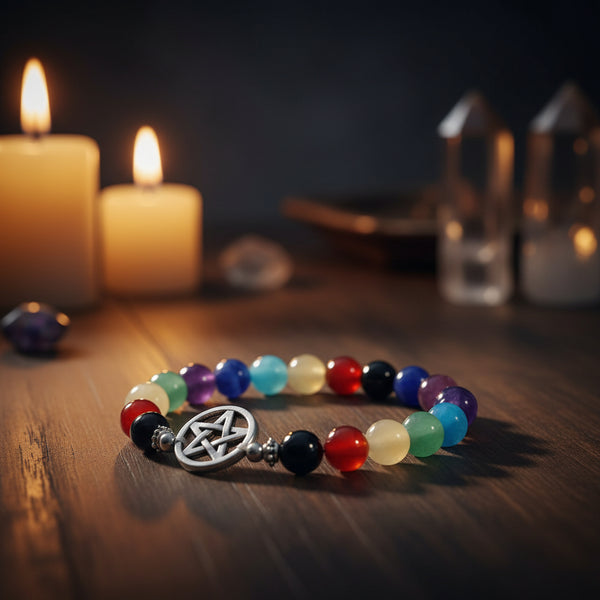 7 Chakra gemstone elastic bracelet with pentacle charms, 8mm