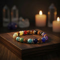 7 Chakra and rudraksha bead elastic bracelet, 8mm, with silver-toned flower spacers