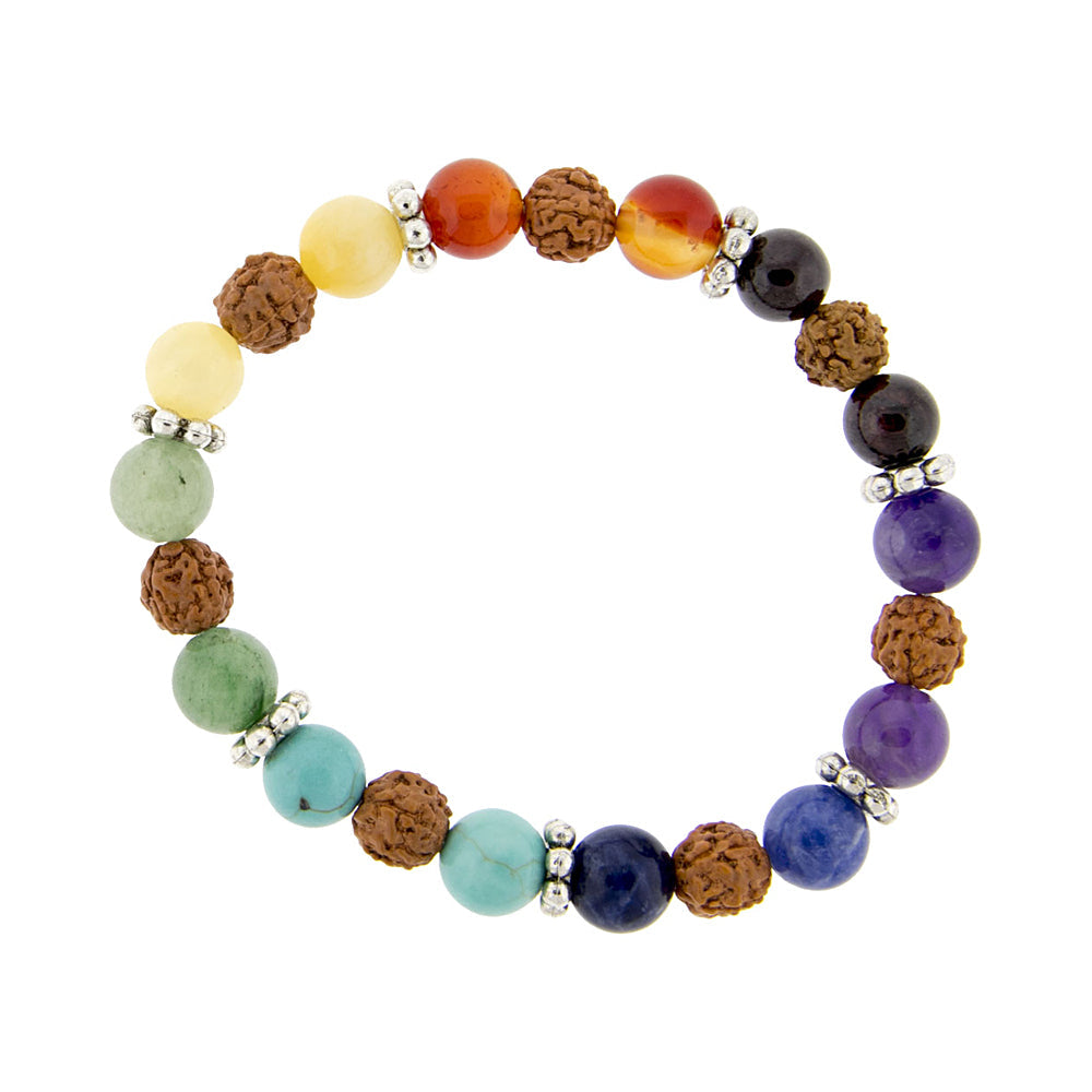 7 Chakra and rudraksha bead elastic bracelet, 8mm, with silver-toned flower spacers