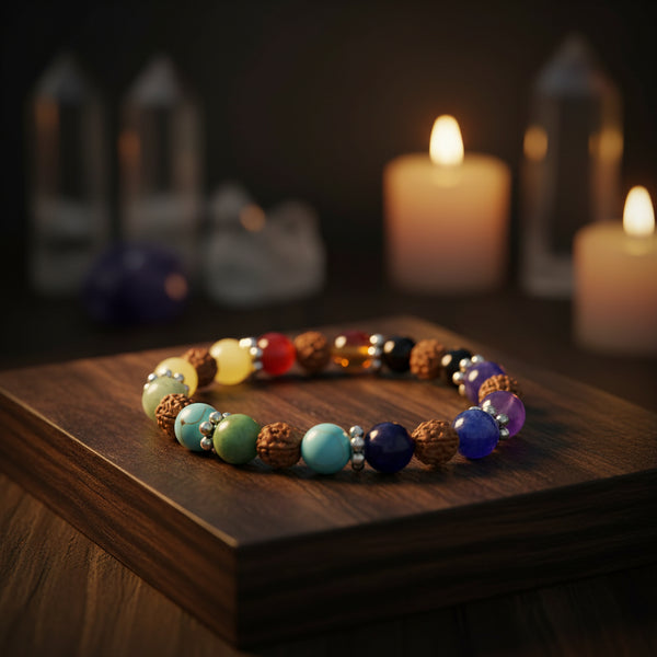 7 Chakra and rudraksha bead elastic bracelet, 8mm, with silver-toned flower spacers