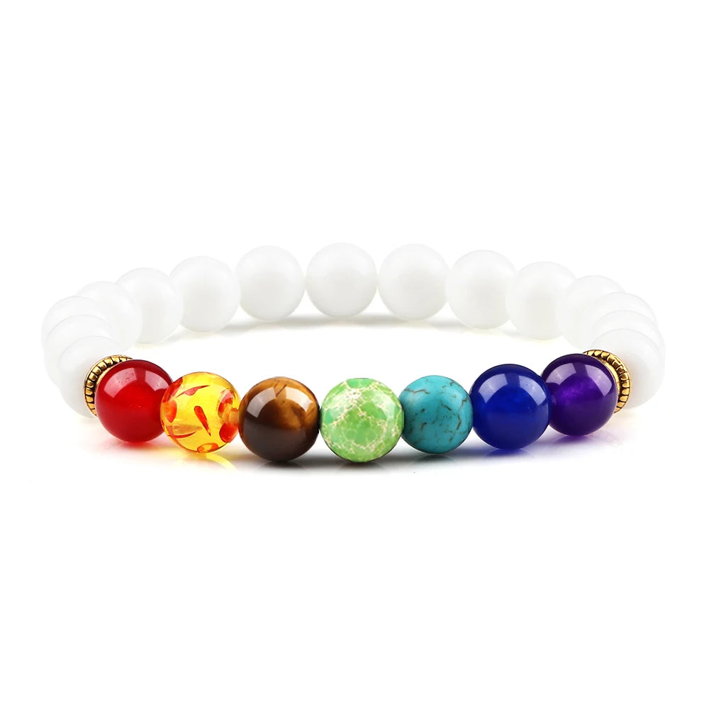 7 Chakra spiritual lava stone bracelet for prayer, chakra work, and everyday healing wear.