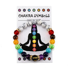 7 Chakra Healing Bracelet with colorful gemstone beads on a meaning card with chakra symbols and a meditating figure.