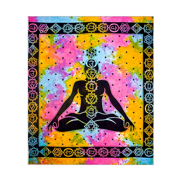 7 Chakra tie-dye cotton tapestry, 75 by 105 inches, twin size