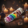 7 Chakra and white sage smudge stick with rose petals, 3-4 inches