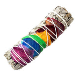 7 Chakra and white sage smudge stick with rose petals, 3-4 inches