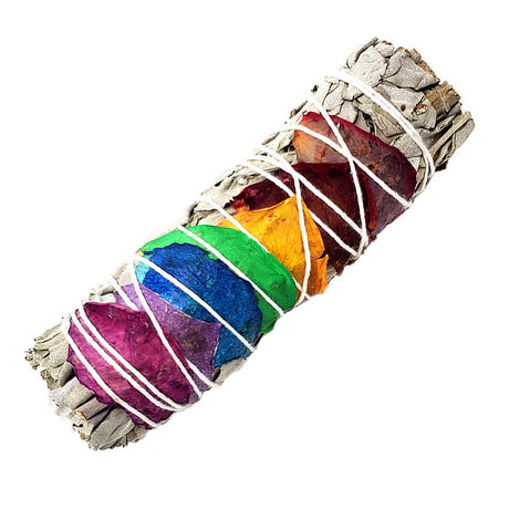 7 Chakra and white sage smudge stick with rose petals, 3-4 inches