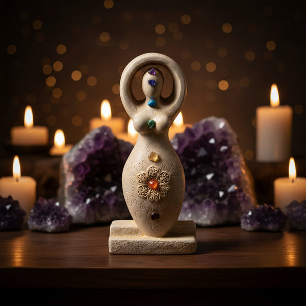 7 Chakras goddess figurine, 5.5 inches, with raw stones