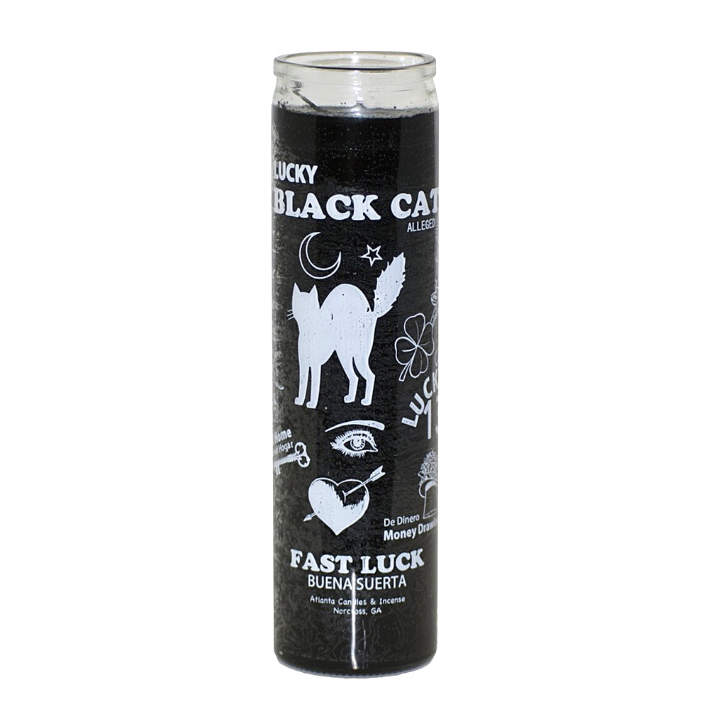 7 Day Black Cat glass candle in black for banishing and protection spell work, altar rituals, and intention setting.