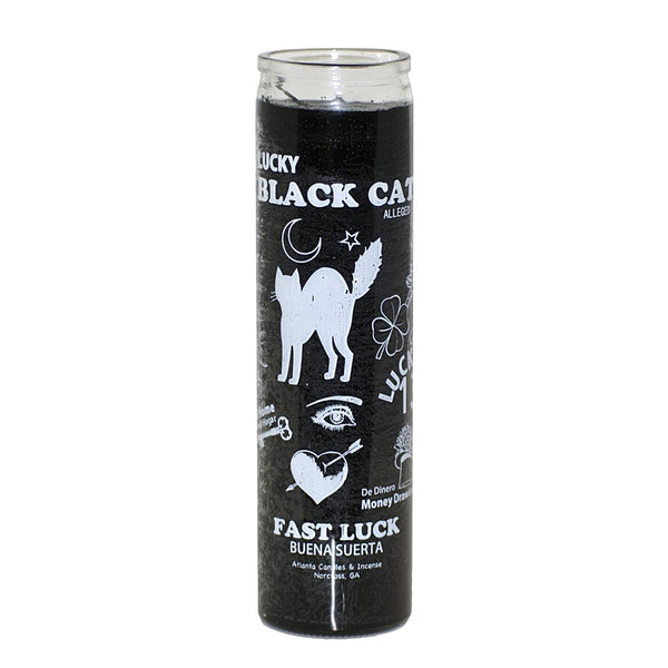 7 Day Black Cat glass candle in black for banishing and protection spell work, altar rituals, and intention setting.